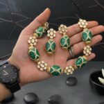 Emerald green - toned stone necklace with Traditional silver foil Meenakari