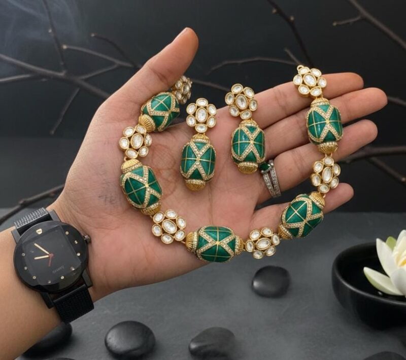 Emerald green - toned stone necklace with Traditional silver foil Meenakari