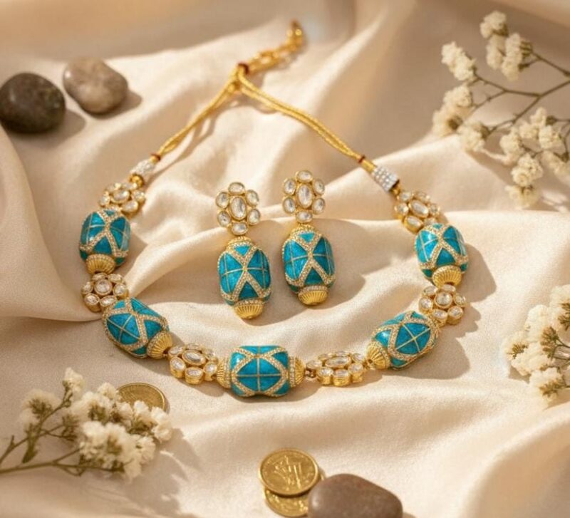 Sea Green stones with traditional silver foil meenakari