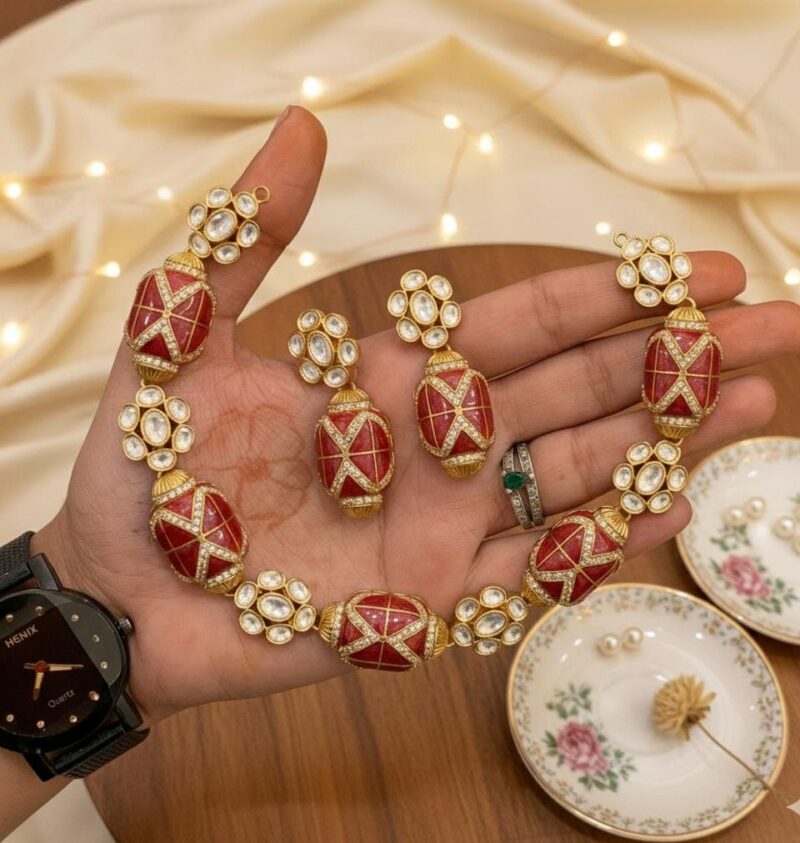 Ruby-toned stones with meenakari necklace
