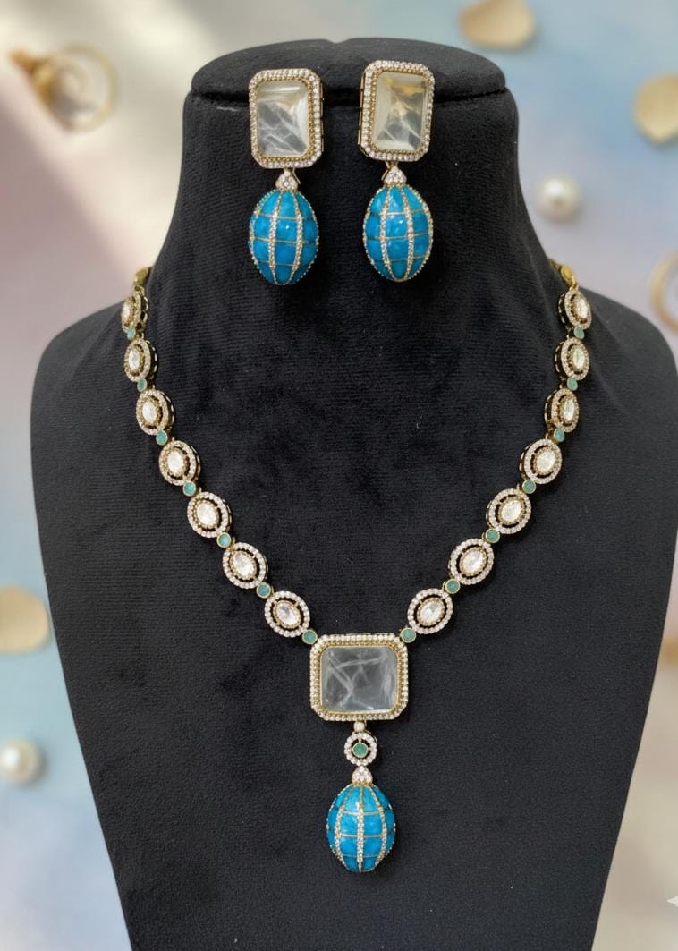 SKY- BLUE TONED BEADED KUNDAN JEWELLERY